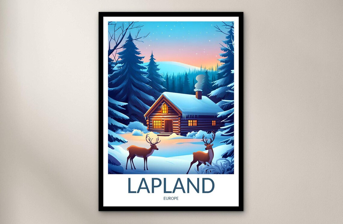 Lapland Europe Snowy Log Cabin Two Reindeer Winter Night Poster