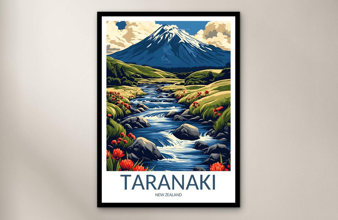 Taranaki New Zealand Snowcapped Volcano Rocky River Wildflowers Poster