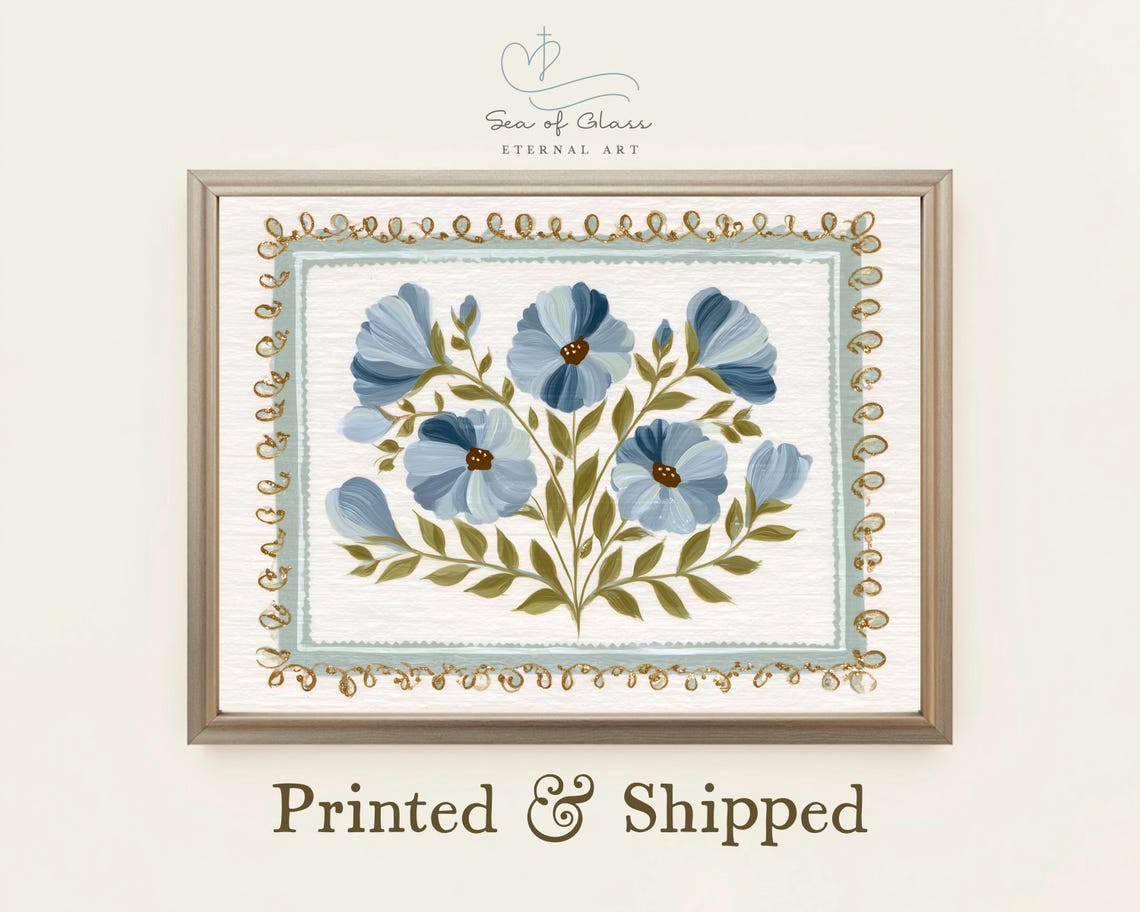 Blue Floral Vintage Botanical Art Print