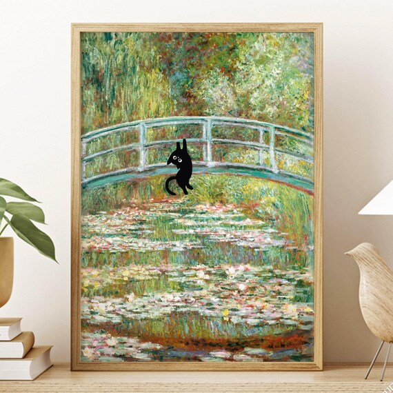 Black Cat Hanging On Monet Water Lily Bridge Funny Cat Lovers Poster