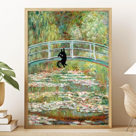 Monet Waterlily Hanging Cat Print Claude Monet Cat Poster Cute Cat Art Black Cat Art Floral Print Funny Cat Print Funny Gift