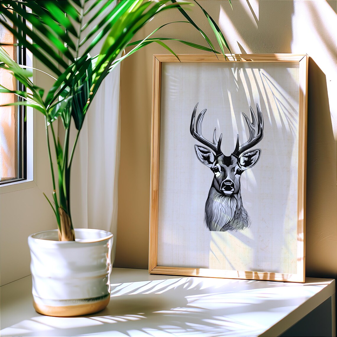 Majestic Buck Deer Head Black and White Woodland Sketch Poster - Image 2