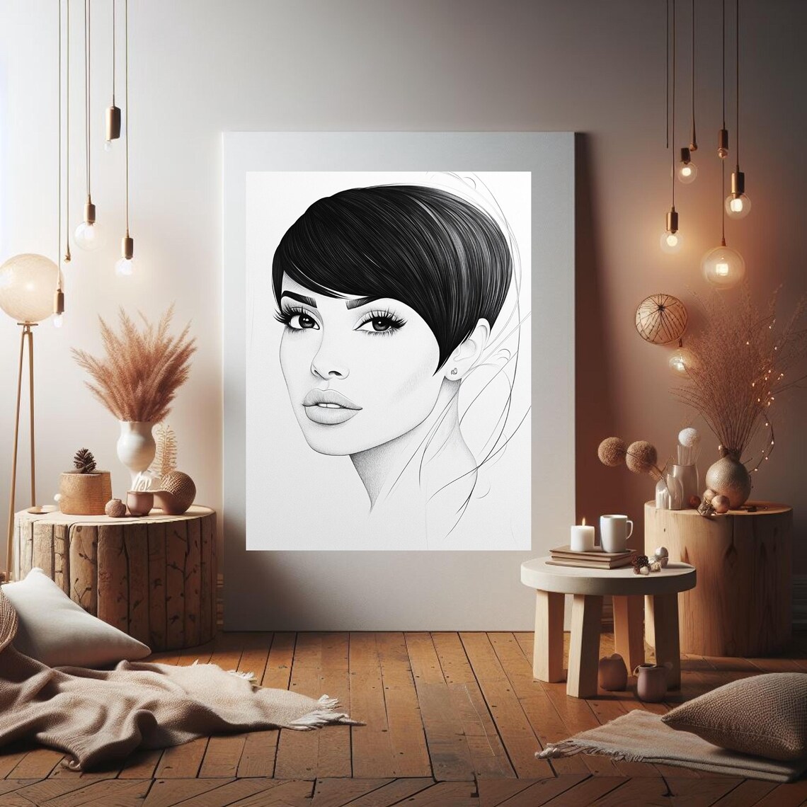 Minimalist Portrait Woman Short Black Bob Hair Elegant Fine Line Art Poster - Image 2