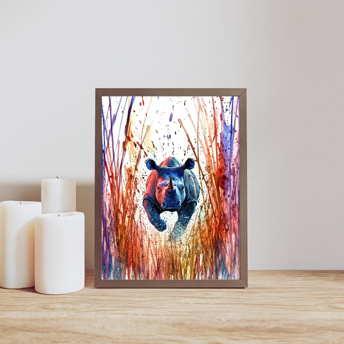 Charging Rhino Watercolor Splash Expressive Wildlife Safari Art Poster - Image 2