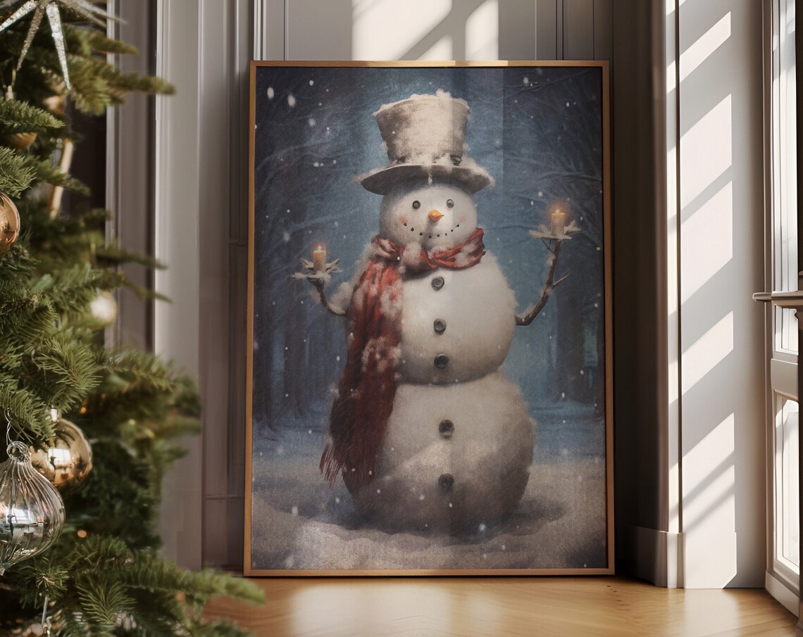 Vintage Snowman With Top Hat And Red Scarf In Snowy Night Poster