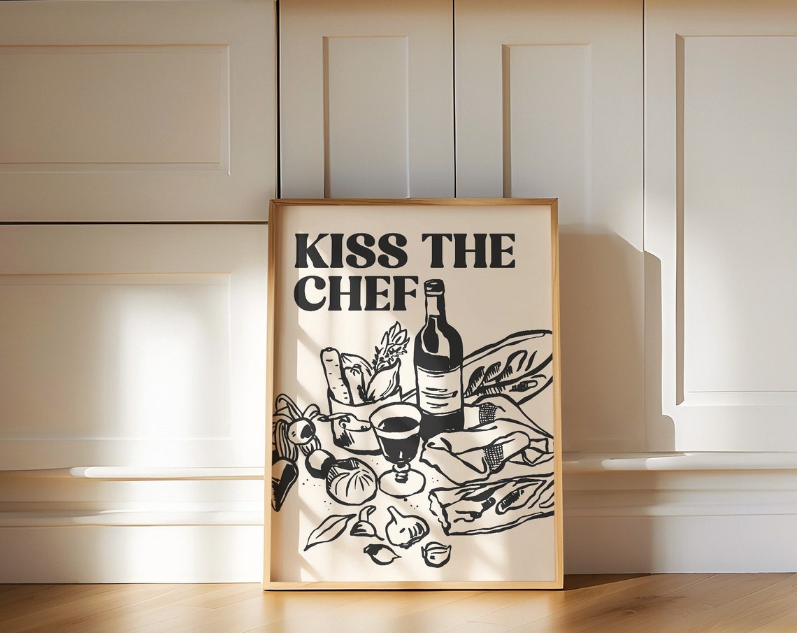 Kiss the Chef Vintage Kitchen Still Life Line Art Beige Poster