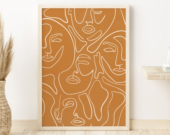 Burnt Orange Art Woman Face Print Instant Female Line Art Boho Art Earth Tones Wall Art Living Room Wall Art