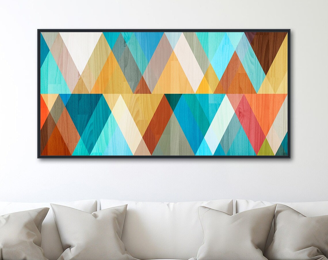 Mid-Century Modern Geometric Art Print, Teal Coral Yellow