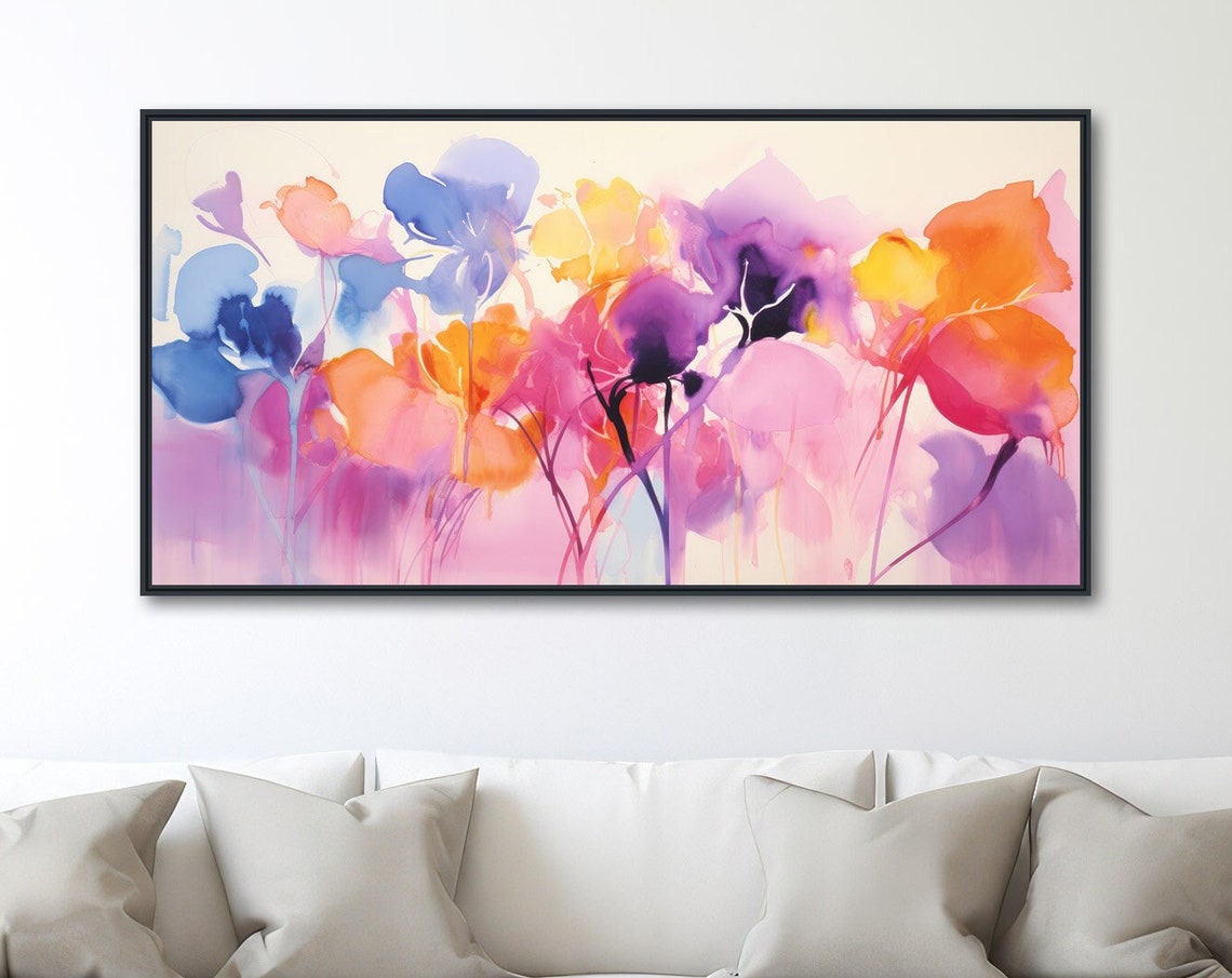 Vibrant Panoramic Watercolor Flower Field Purple Pink Art Poster