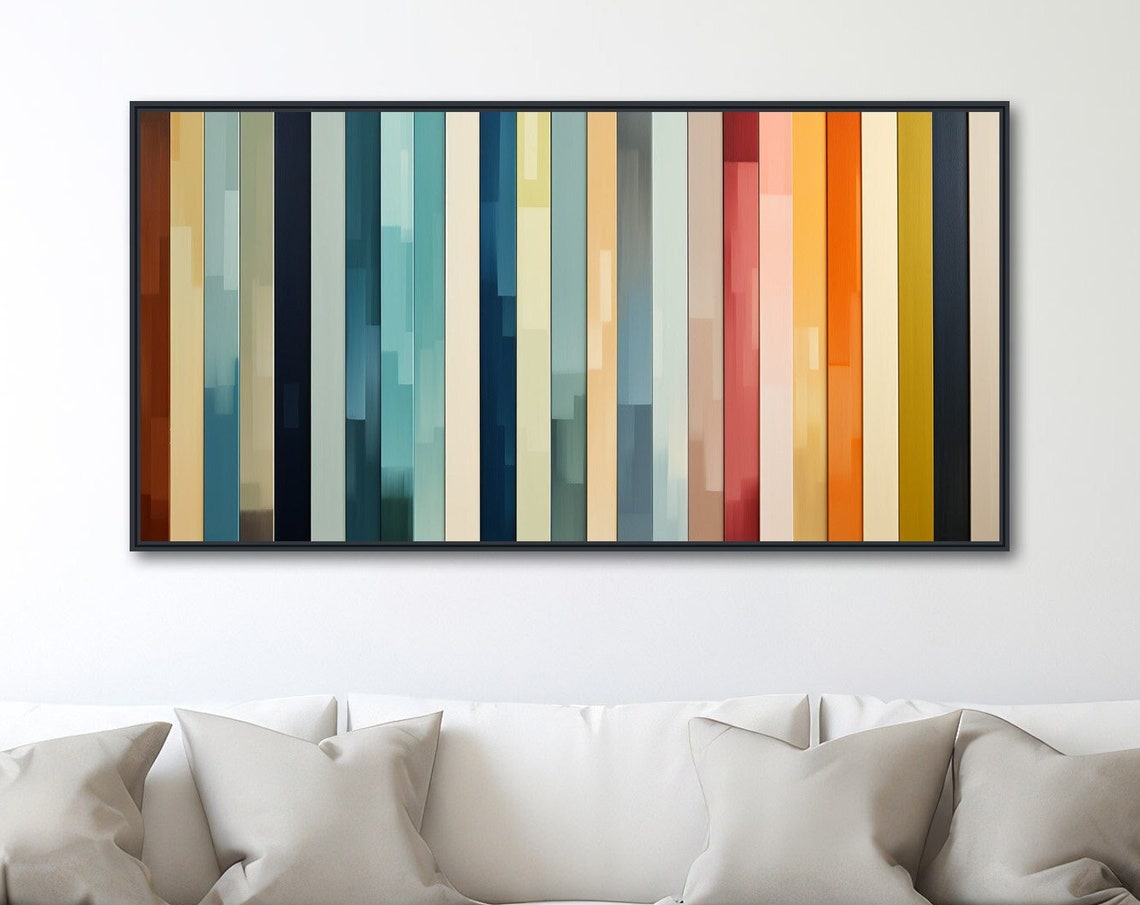 Large Geometric Line Art Framed Print Modern Abstract Painting Panoramic Line Artwork Retro Colors Straight Line