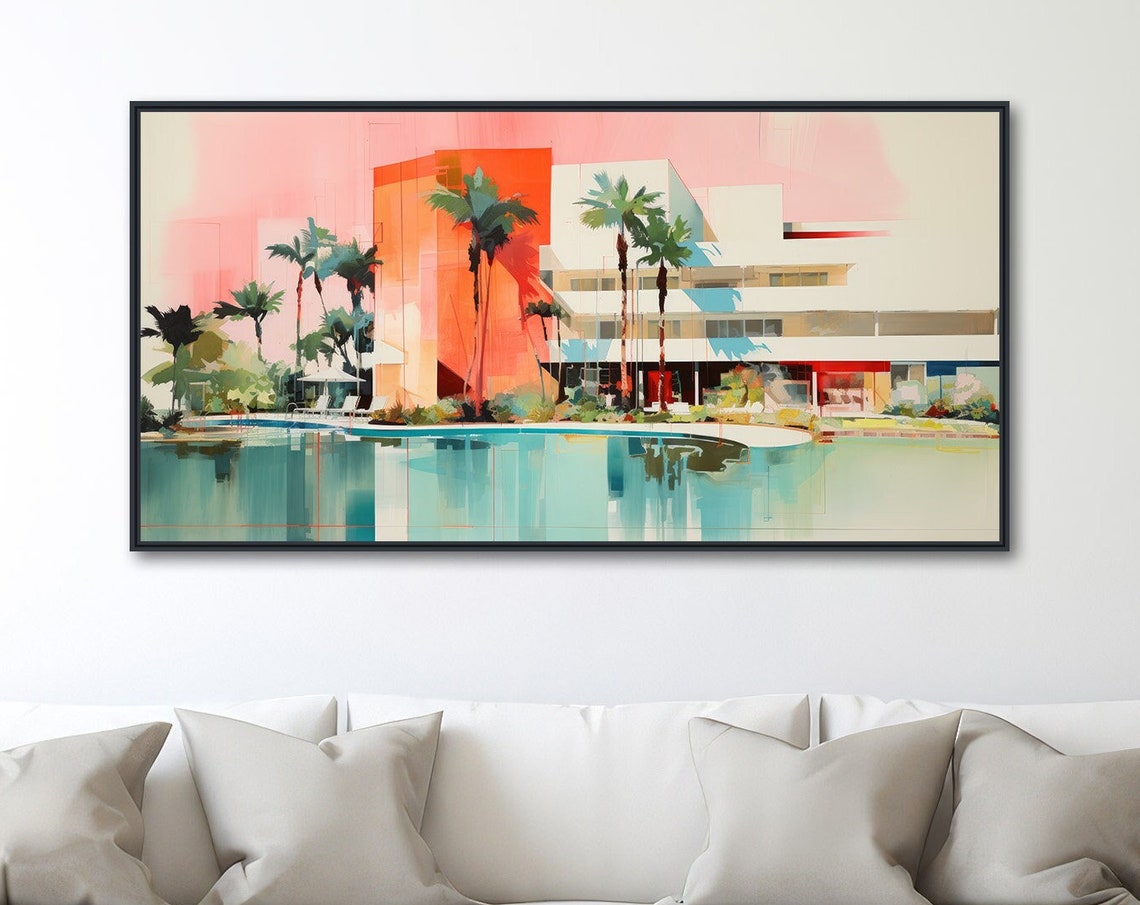 Miami Art Deco Hotel Pool Palm Trees Retro Cityscape Wall Art