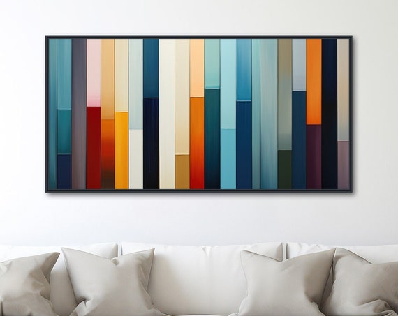 Large Geometric Wall Art Framed Print Modern Abstract Painting Panoramic Line Art Colorful Retro Artwork Sequence