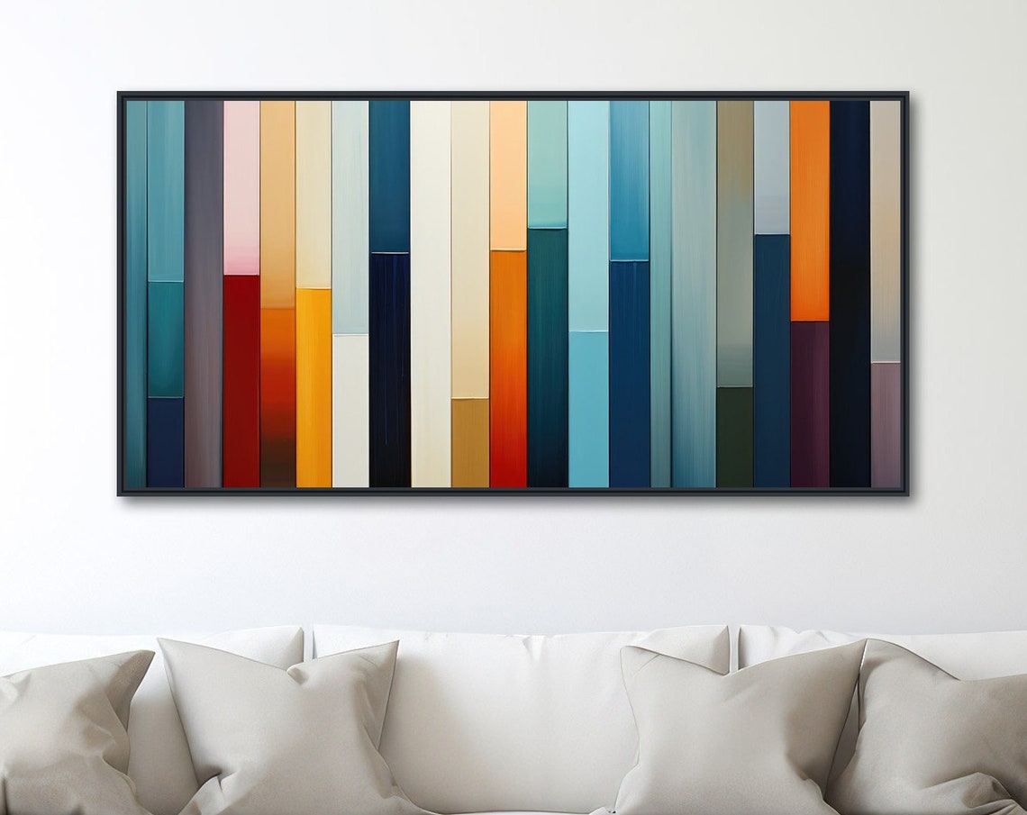 Large Geometric Wall Art Framed Print Modern Abstract Painting Panoramic Line Art Colorful Retro Artwork Sequence