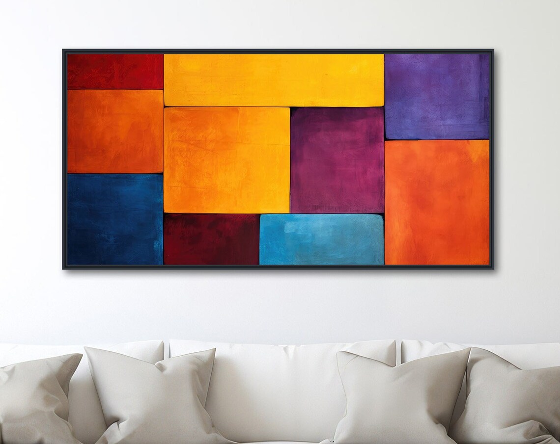 Large Geometric Wall Art Framed Print Modern Abstract Painting Large Artwork Orange Purple Coming Together