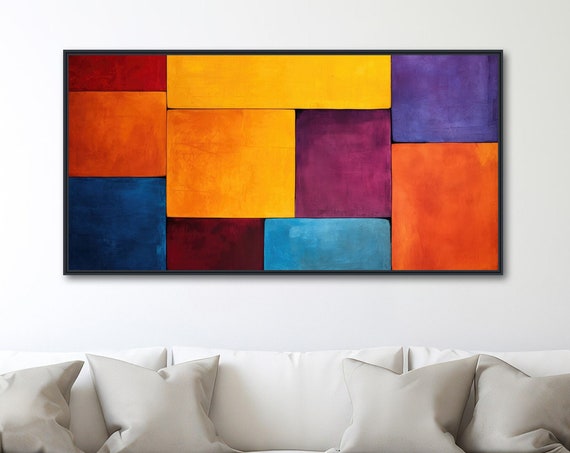 Large Geometric Wall Art Framed Print Modern Abstract Painting Large Artwork Orange Purple Coming Together