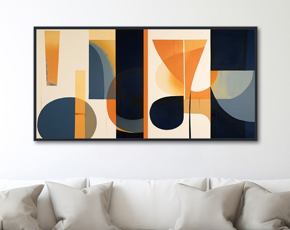 Large Mid Century Modern Art Framed Art Print Retro Abstract Painting Geometric Shapes Orange Black Quiet Contours 1