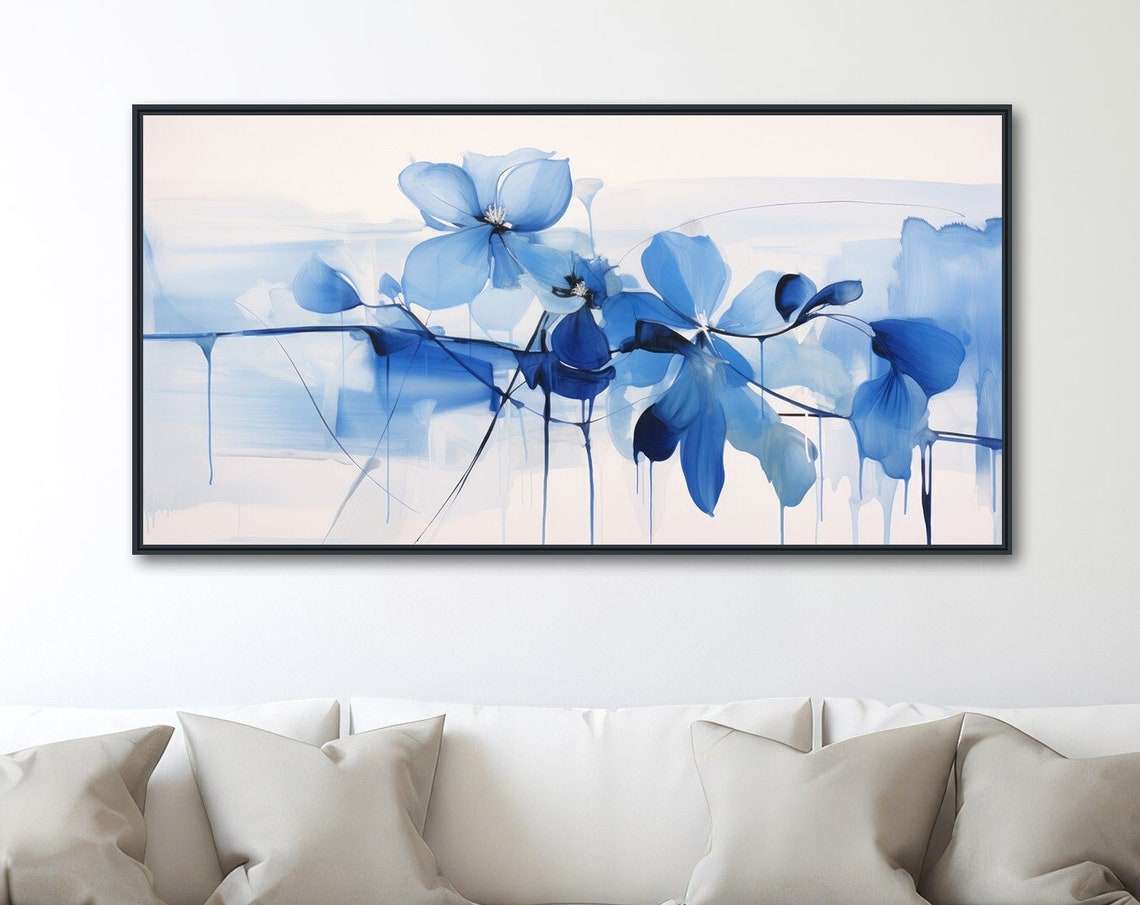 Panoramic Blue Watercolor Flowers Soft Blooms Abstract Art Print