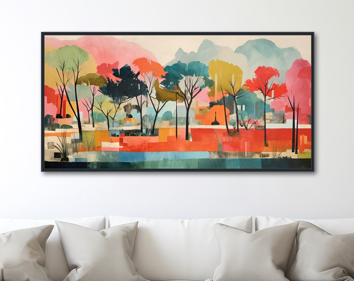 Colorful Abstract Forest Trees Red Teal Watercolor Landscape Wall Art