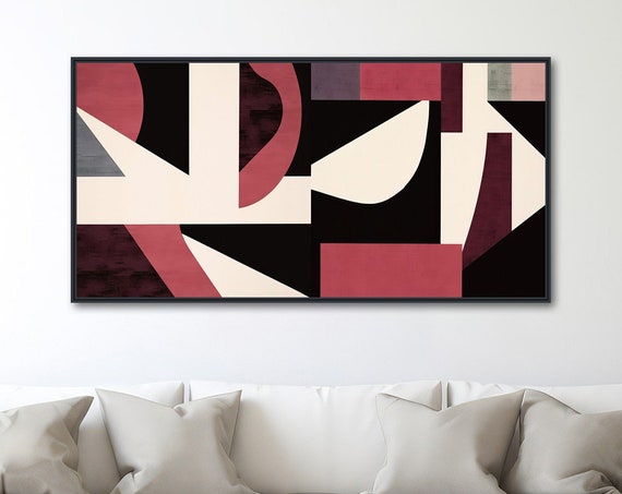 Large Mid Century Wall Art Framed Print Midcentury Modern Abstract Painting Large Geometric Shapes This And That