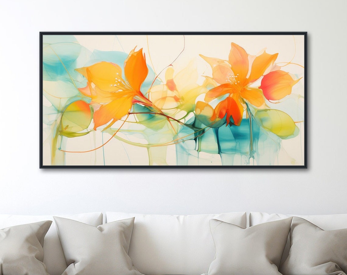 Panoramic Orange Teal Translucent Watercolor Flowers Art Print