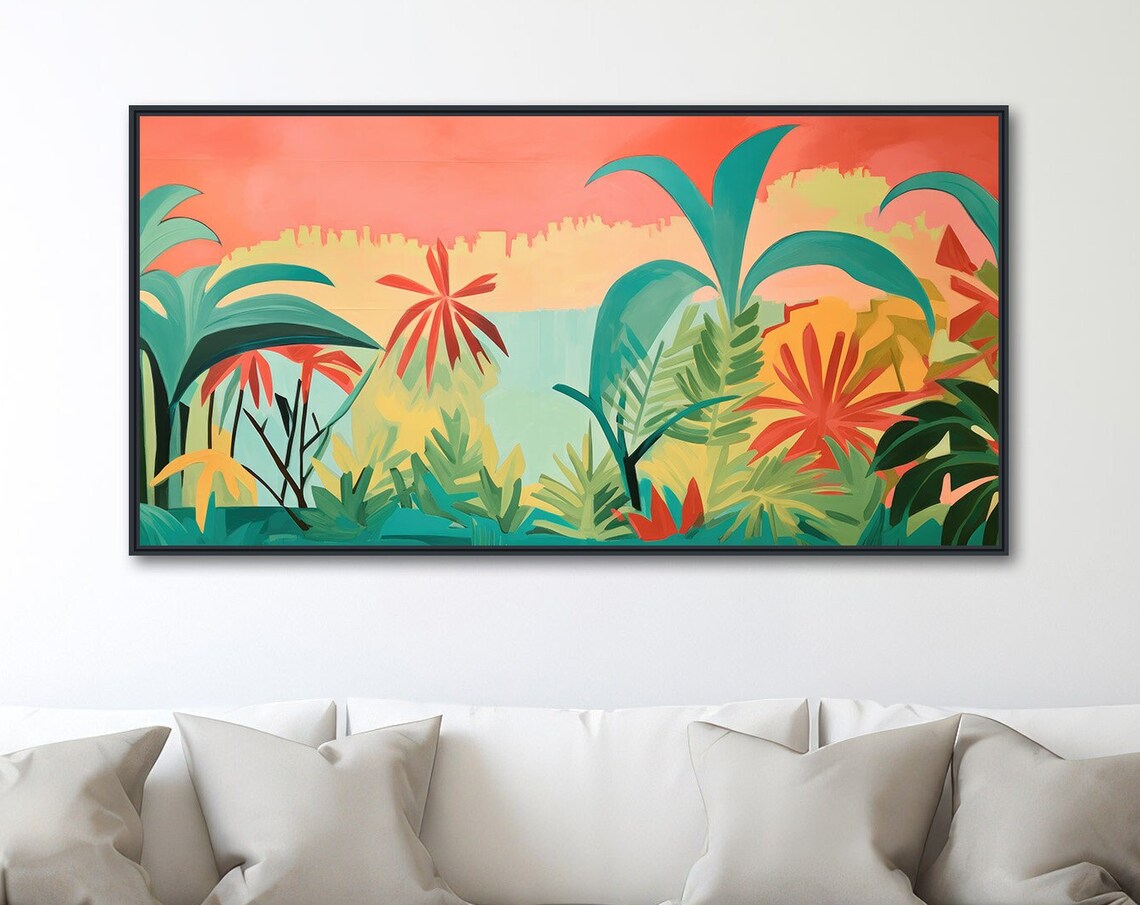 Tropical Treetops Coral Sky Teal Foliage Vibrant Abstract Wall Art