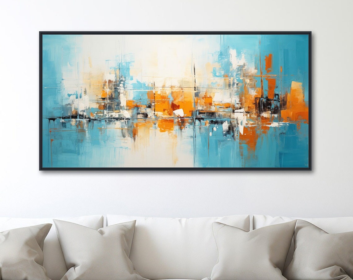 Blue Orange Panoramic Abstract Cityscape Reflection Modern Wall Art
