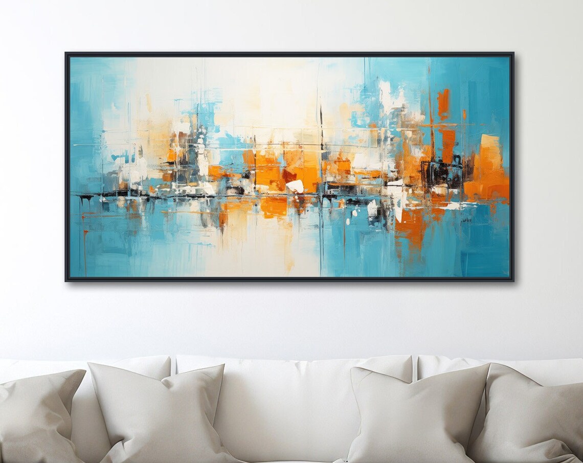 Large Abstract Wall Art Framed Print Modern Abstract Painting Blue And Orange Panoramic Artwork Echo Fathom