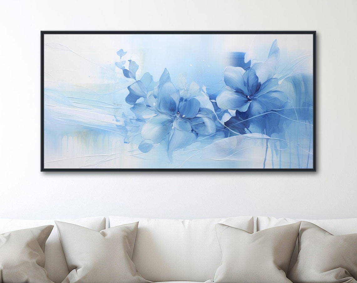 Soft Pale Blue Watercolor Flowers White Panoramic Floral Poster