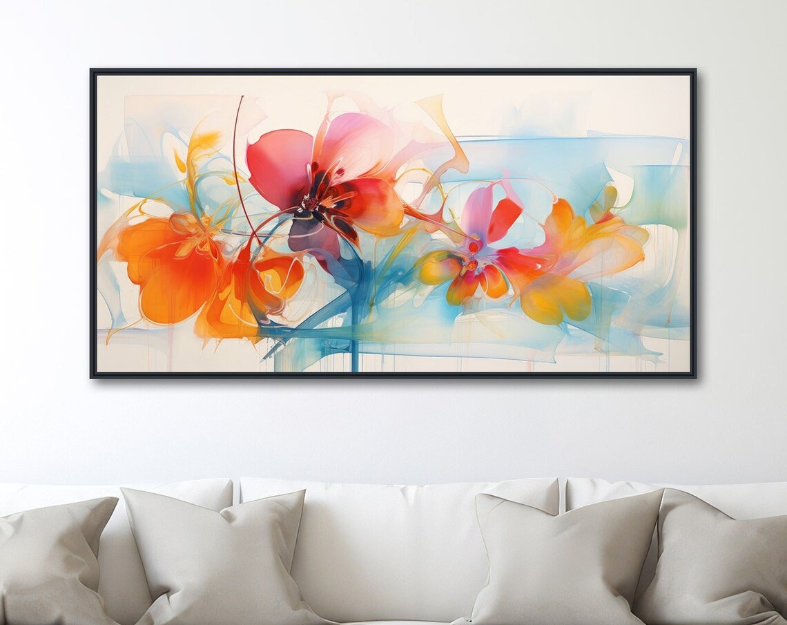 Modern Abstract Floral Art Print, Orange Blue Flowers