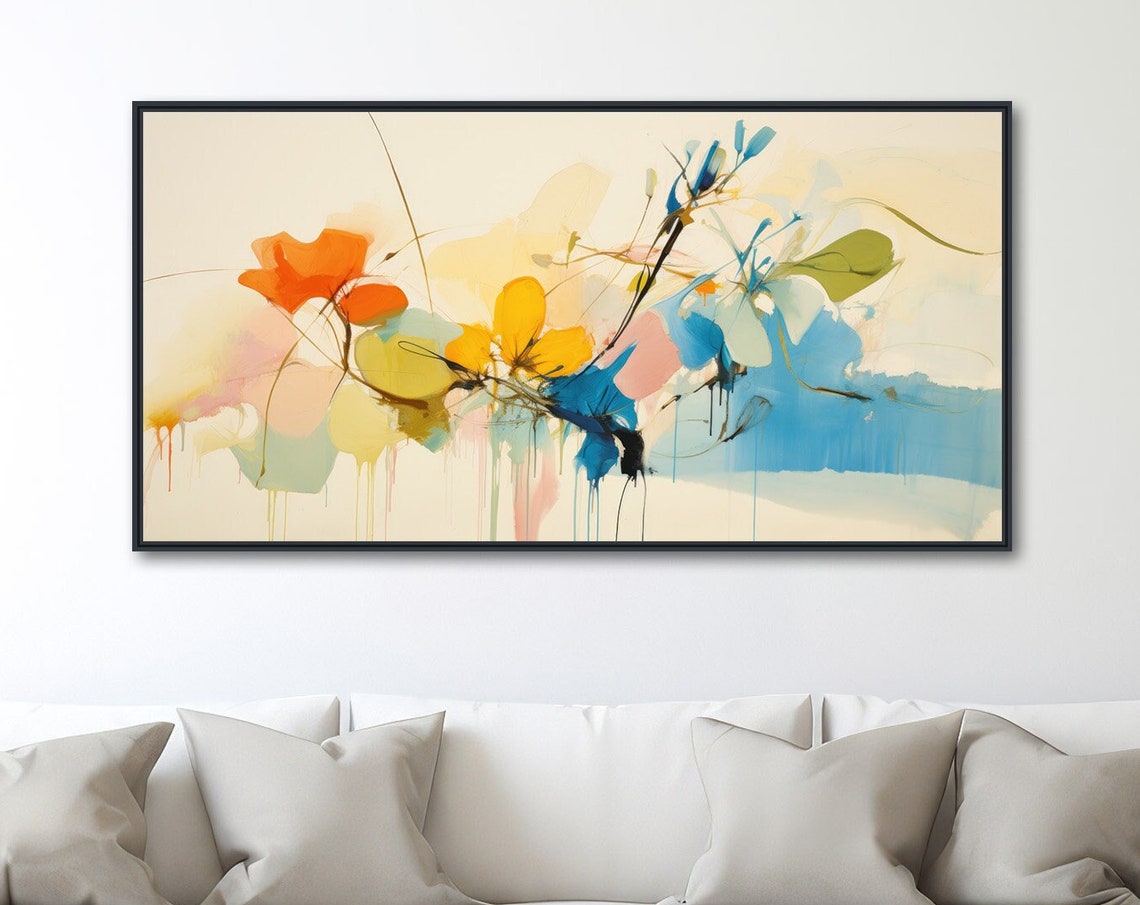 Panoramic Loose Watercolor Flowers Orange Blue Beige Art Poster