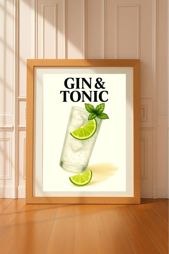 Gin and Tonic Lime Cocktail Illustration Kitchen Bar Decor Poster