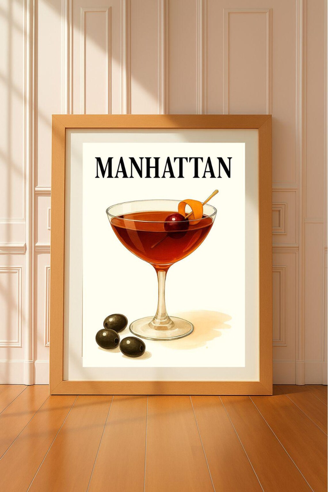 Manhattan Cocktail Wall Art Whiskey Drink Bar Decor Vintage Style Illustration