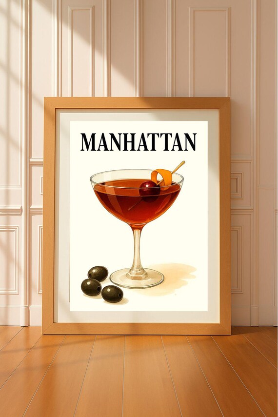 Manhattan Cocktail Wall Art Whiskey Drink Bar Decor Vintage Style Illustration