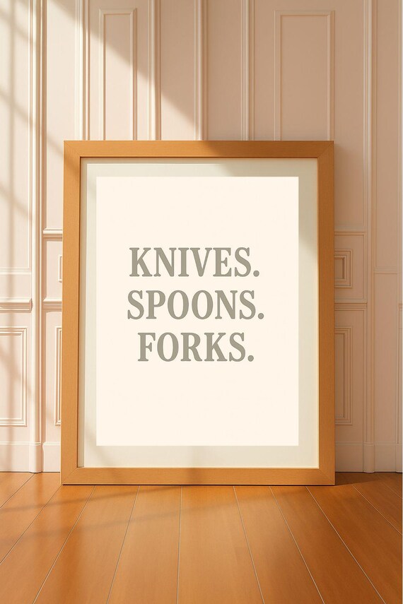 Knives Spoons Forks Minimalist Neutral Typography Kitchen Print