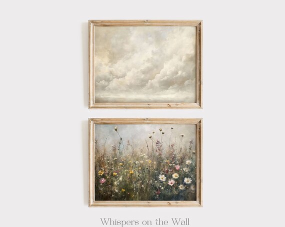 Early Spring Soft Clouds Painting Set Muted Wildflower Landscape Painting Moody Gallery Wall Art Set Vintage Cottagecore Decor