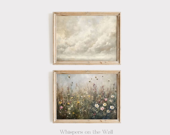Two Piece Gallery Set Clouds And Wildflowers Moody Neutral Painting Poster