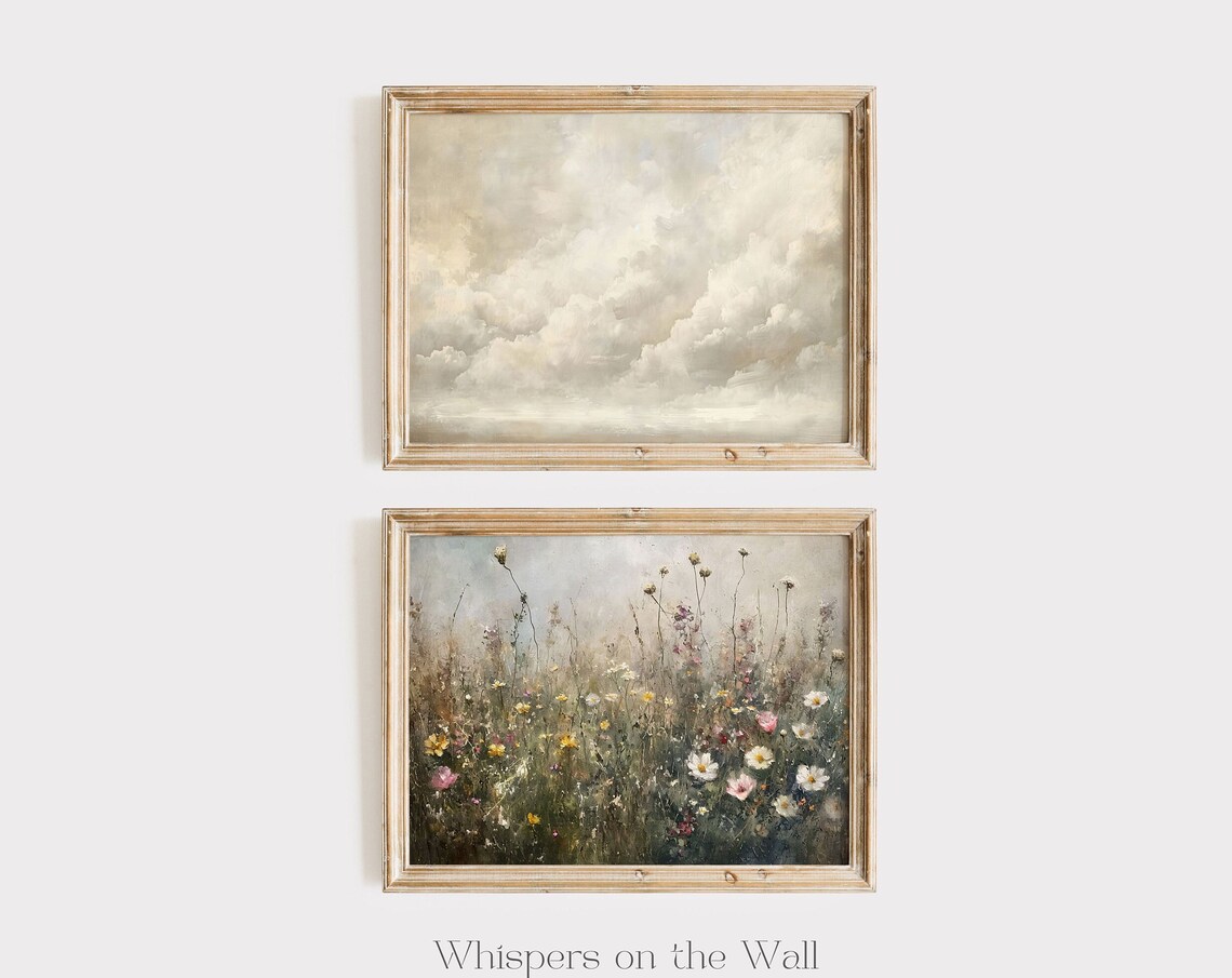 Two Piece Gallery Set Clouds And Wildflowers Moody Neutral Painting Poster