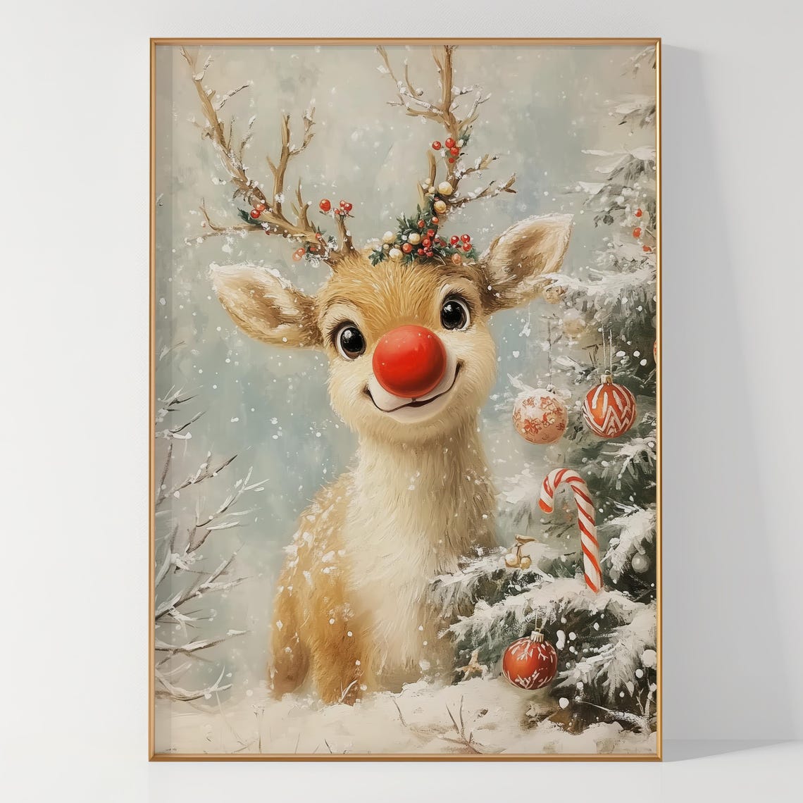Cute Rudolph Reindeer with Red Nose by Christmas Tree Poster