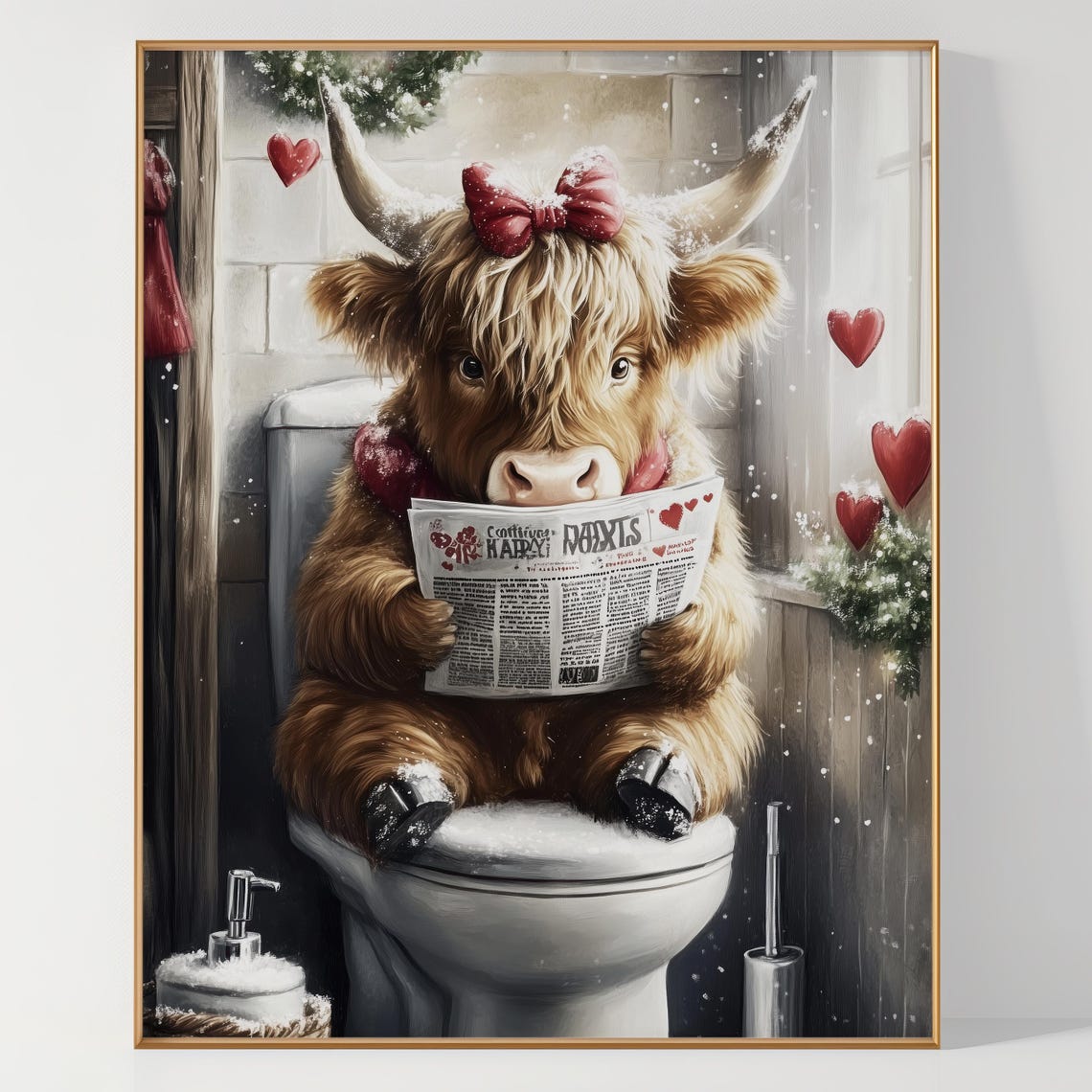 Highland Cow Reading Newspaper on Toilet Funny Bathroom Poster