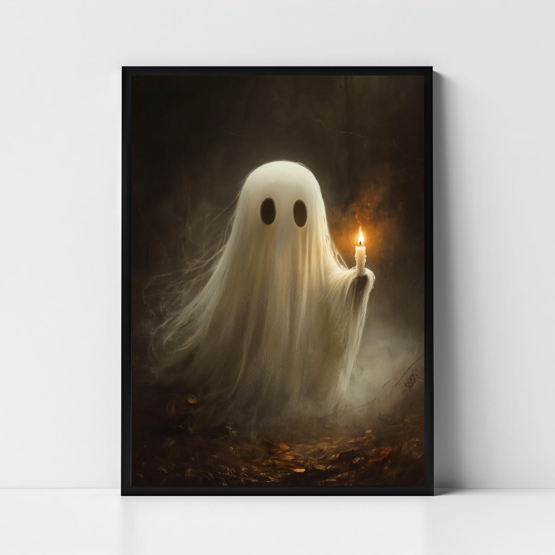 Cute Ghost Holding Candle Print Vintage Spooky Halloween Ghost Wall Art Dark Academia Room Decor Instant