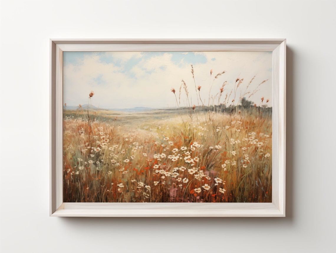 Wildflower Field Landscape Oil Painting Farmhouse Decor Vintage Landscape Art Print Country Field Wall Art Wildflower Wall Art