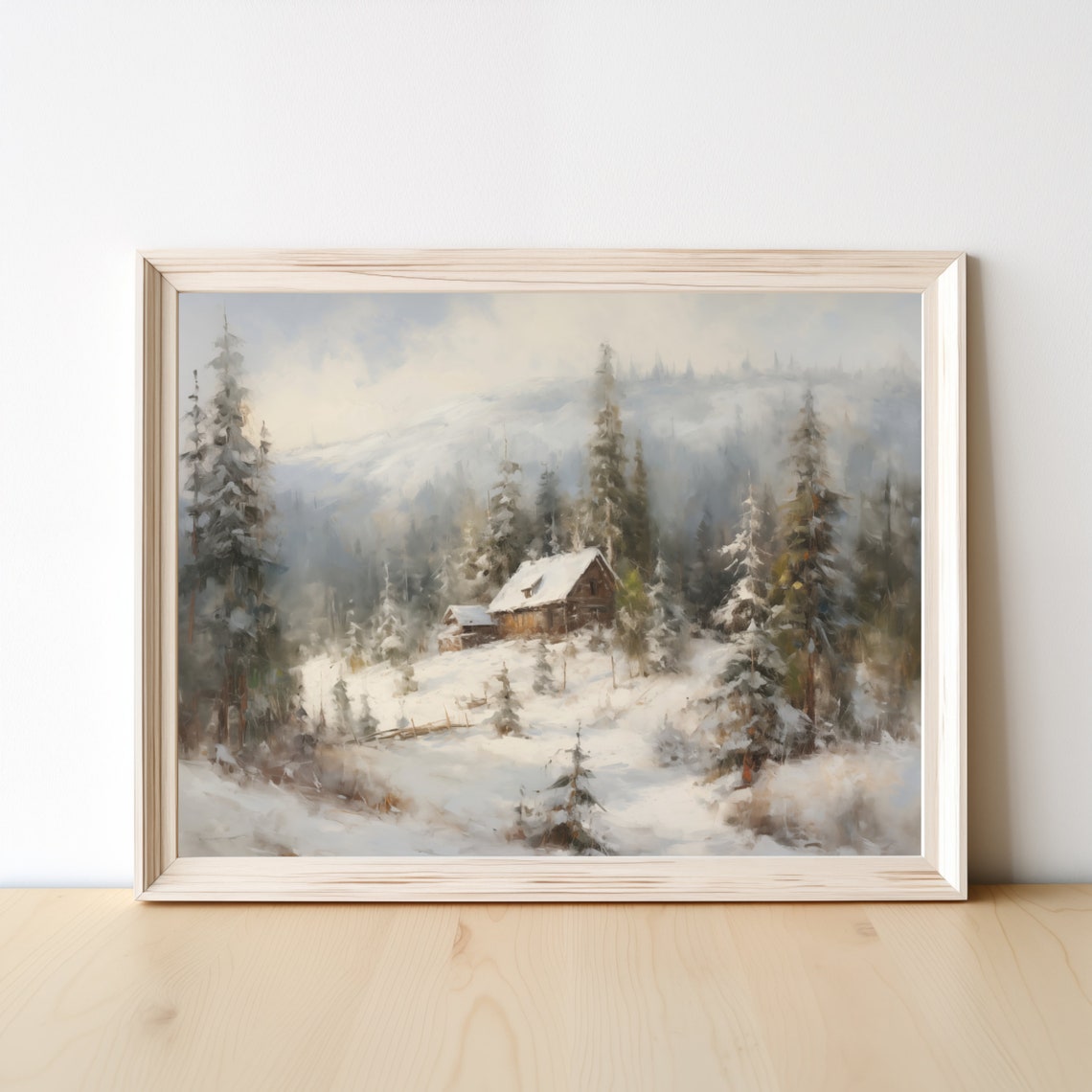 Snowy Log Cabin in Winter Mountains Cozy Landscape Painting Poster - Image 3