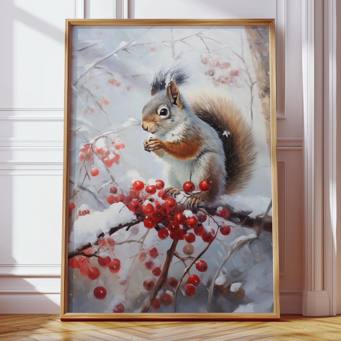 Red Squirrel on a Snowy Branch with Red Berries Painting Poster - Image 4