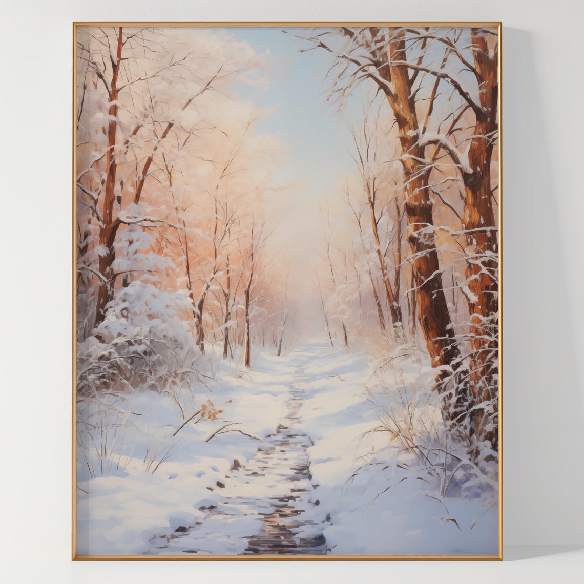 Snowy Forest Path at Sunrise Winter Woodland Landscape Poster