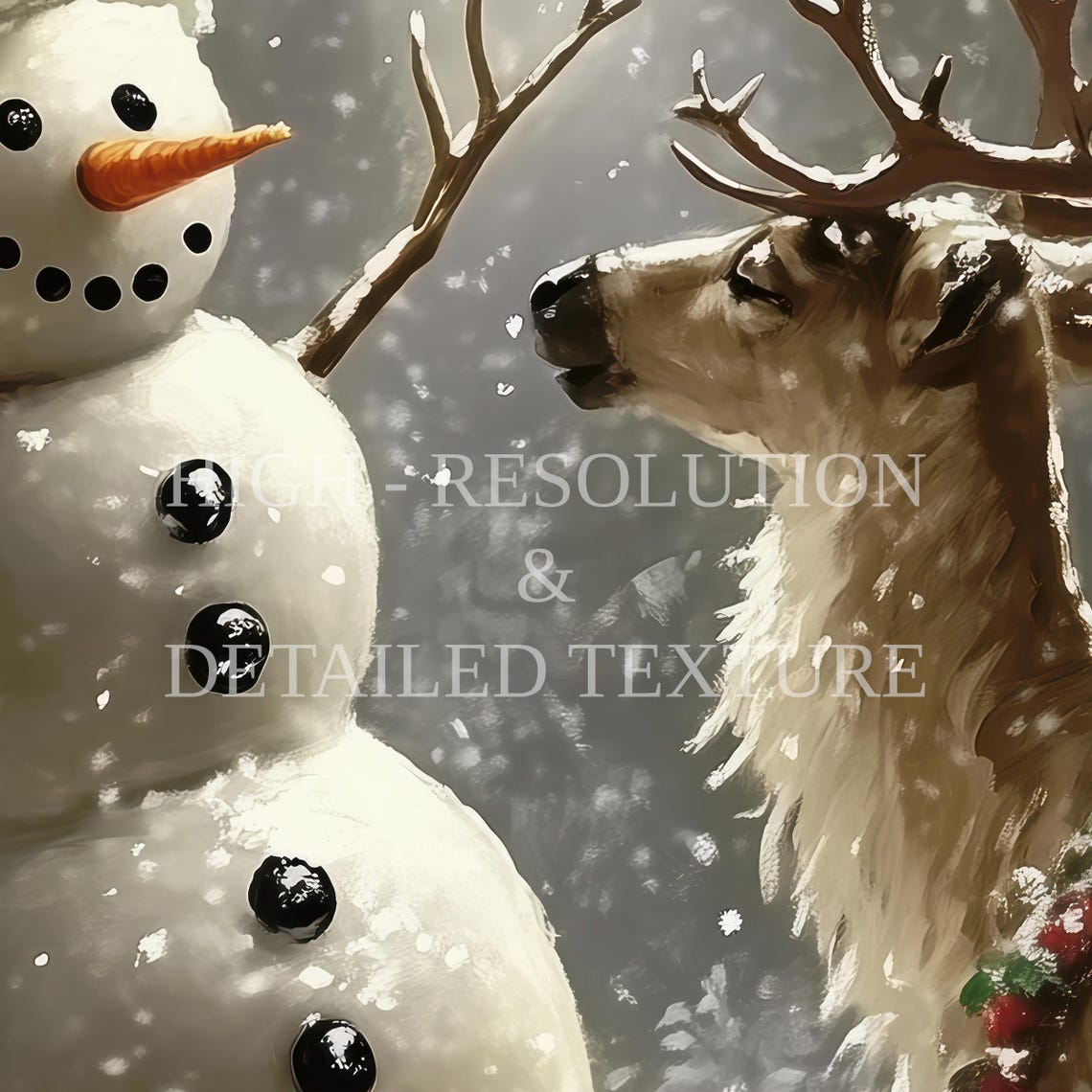 Cheerful Snowman and Reindeer Friends Meeting in Snowy Forest Poster - Image 2