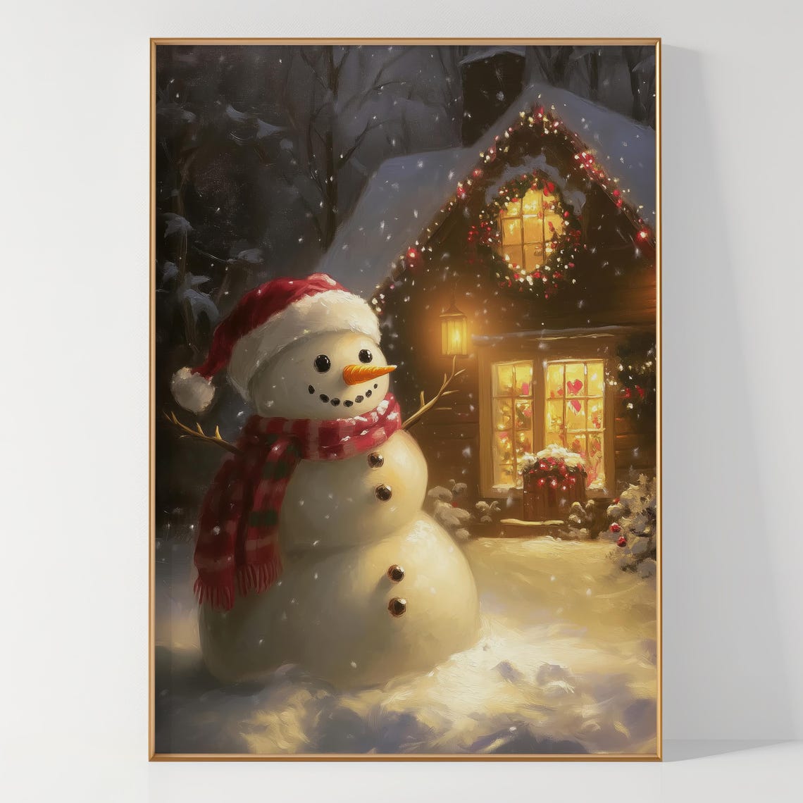 Snowman by Glowing Christmas Cabin at Night Holiday Art Poster