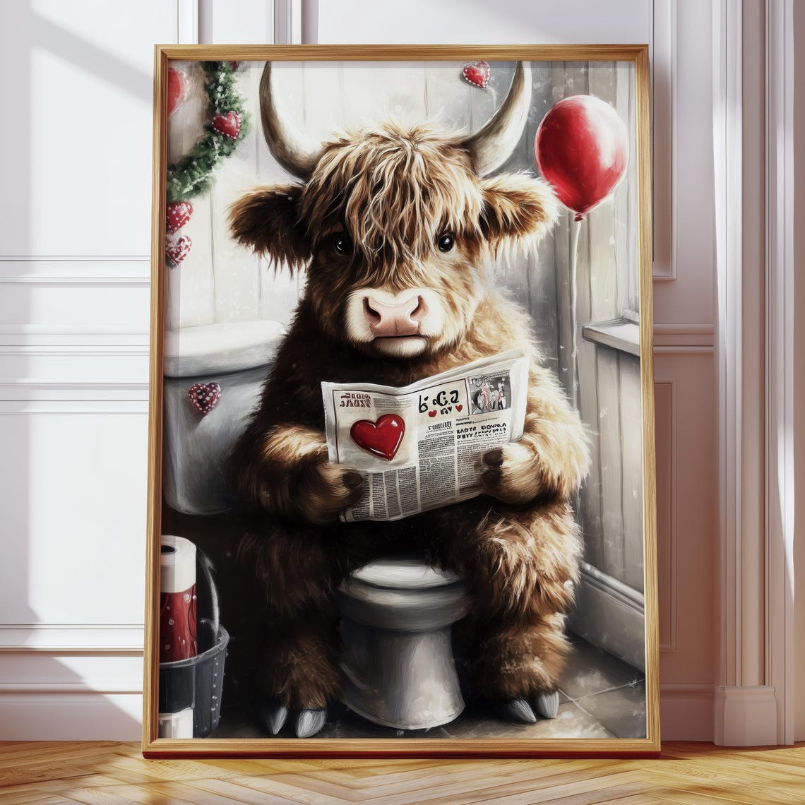 Highland Cow on Toilet Reading Newspaper Funny Valentine Poster - Image 4