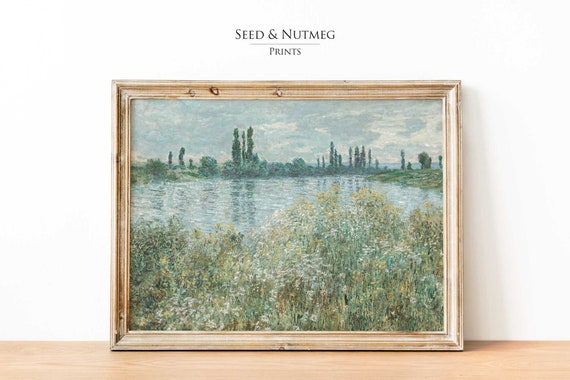 Water And Trees Wall Art Painting Vintage Landscape Muted Neutral Wall Decor Wall Art 148