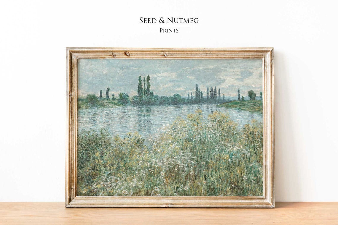 Water And Trees Wall Art Painting Vintage Landscape Muted Neutral Wall Decor Wall Art 148