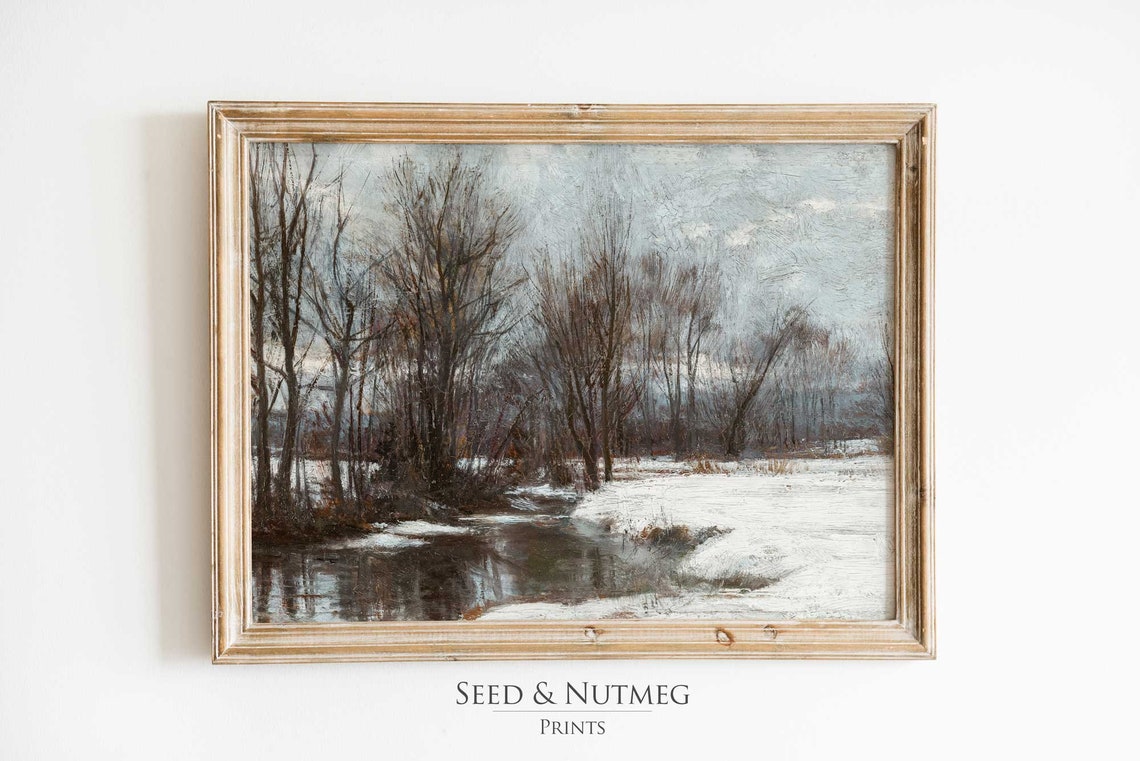Winter River Bare Trees Snowy Landscape Muted Vintage Painting Poster